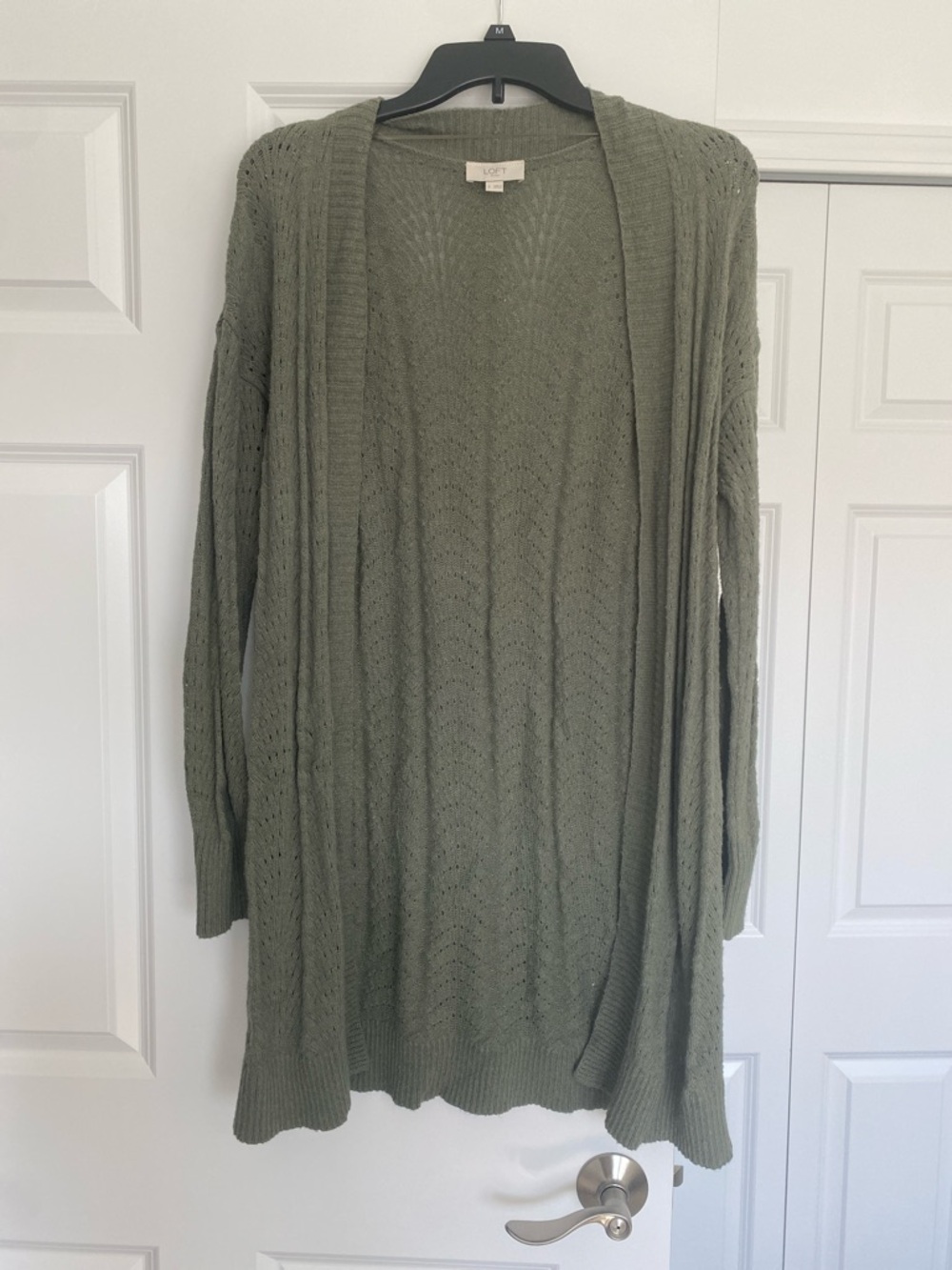 LOFT Olive Open-Front Pointelle Knit Cardigan